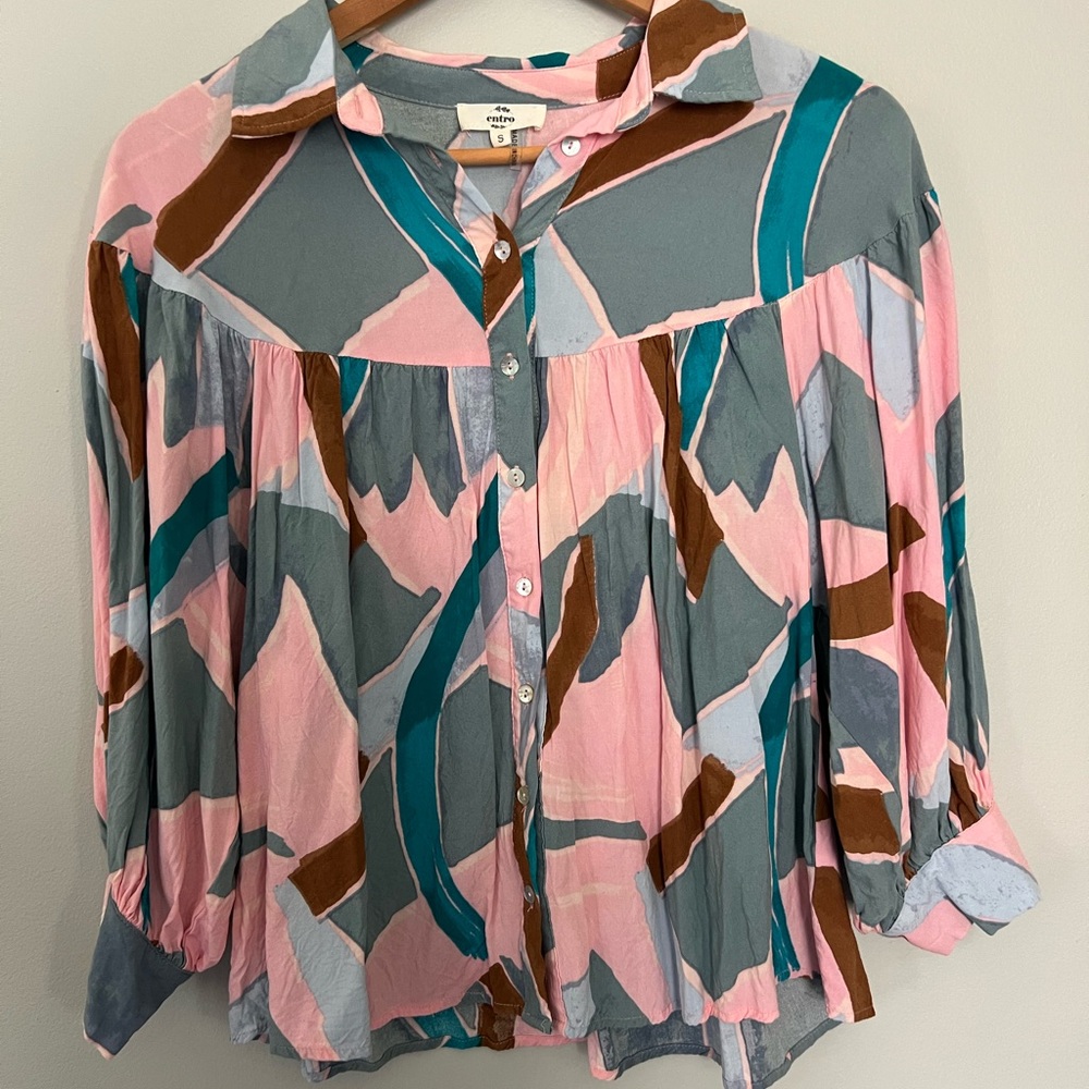 Entro Pink Blue Tan Brushstroke Button Down Balloon Sleeve Blouse • Small